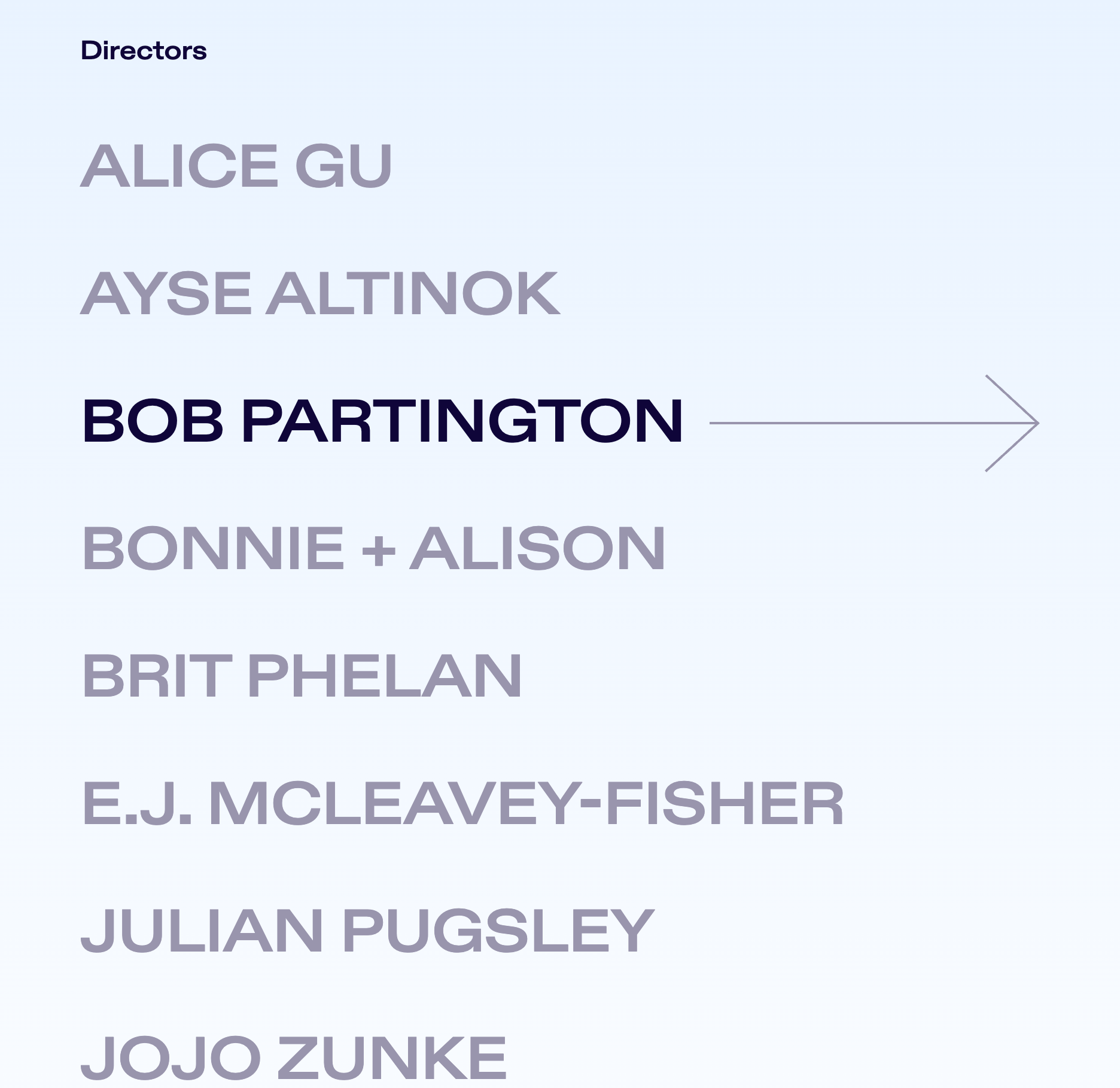 List of directors on a website or presentation slide, including Alice Gu, Ayse Altınok, Bob Partington, Bonnie and Alison, Brit Phelan, E.J. McLeavy-Fisher, Julian Pugsley, and Jojo Zunke.