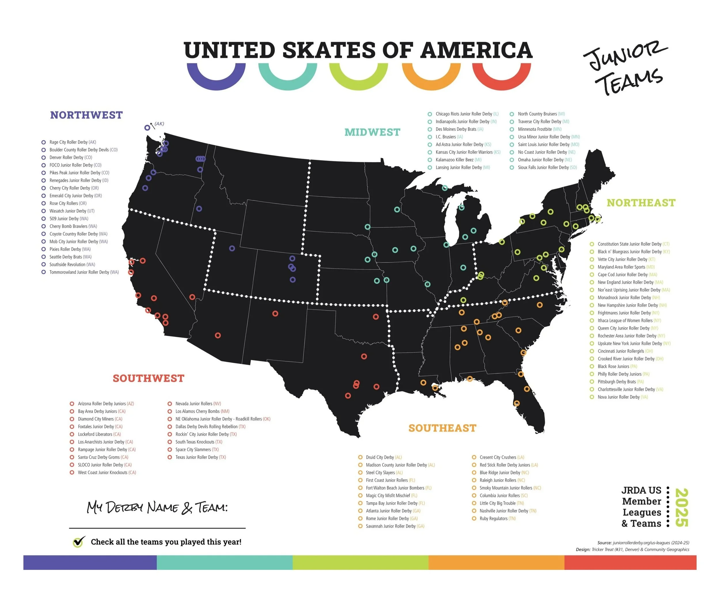 map showing locations of junior roller derby teams in the unioted states