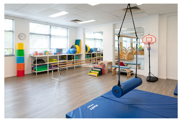 Paediatric physiotherapy clinic gym with swings, mats, therapy tools, and bright play equipment