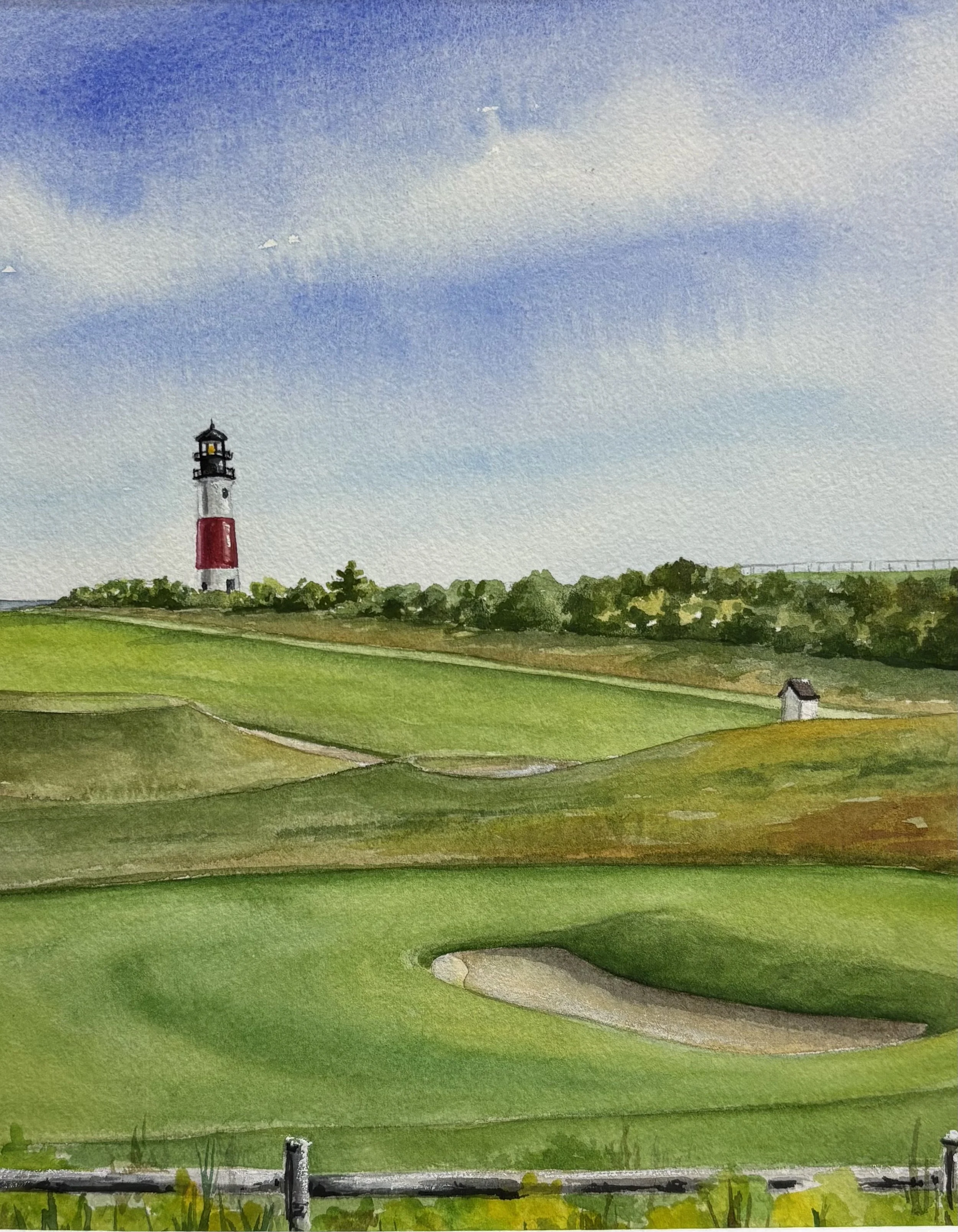 Watercolor painting of a scenic landscape with a lighthouse on a hilltop, rolling green hills, and a partly cloudy sky.
