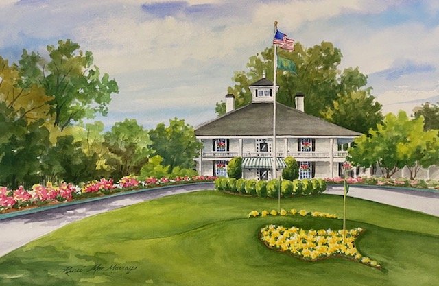 Painting of a large house with a landscaped front yard, American flags, and tall trees in the background.
