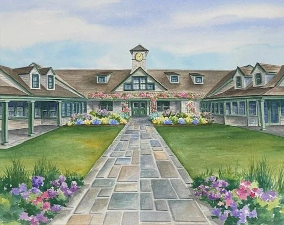 A watercolor painting of a large building with a clock tower, surrounded by a walkway, grass, and colorful flower beds.