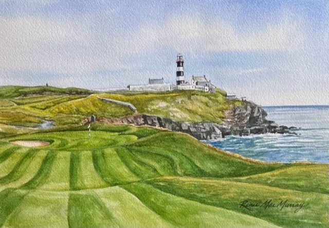 Watercolor painting of a coastal landscape featuring a lighthouse on a grassy hill overlooking the ocean, with a sky overhead.