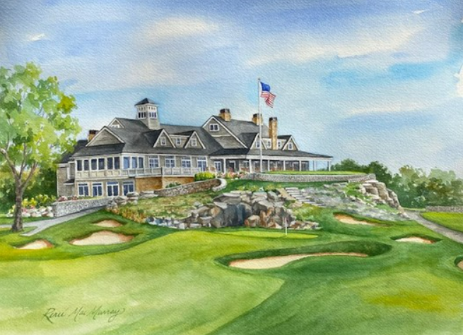A watercolor painting of a large golf course with a clubhouse and an American flag, lush greenery, sand bunkers, and a partly cloudy sky.