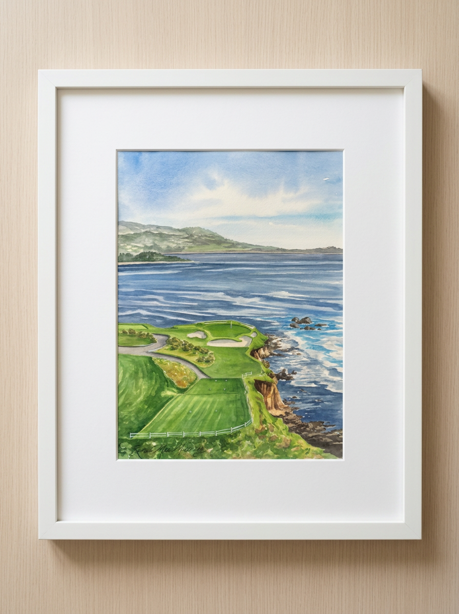 Watercolor painting of a coastal landscape with green cliffs, a golf course, and the ocean, with a cloudy sky.