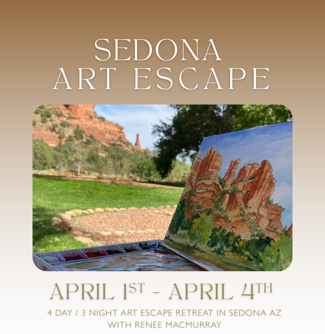 A promotional poster for Sedona Art Escape event showing a landscape painting of red rock formations and trees, with a scenic background in a park.