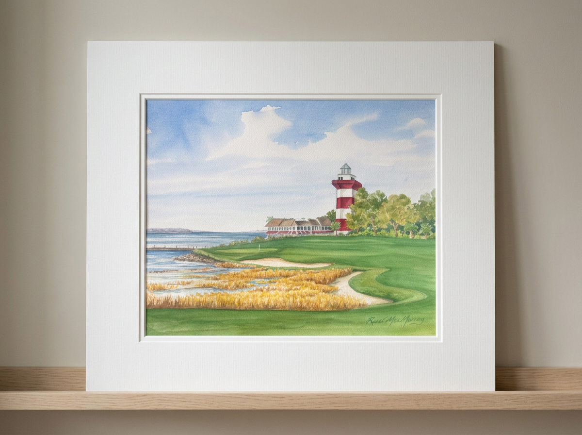 Watercolor painting of a Hilton Head Golf course by Renee MacMurrayscenic coastal landscape with a striped lighthouse, a building, trees, a grassy area, and a partly cloudy sky.