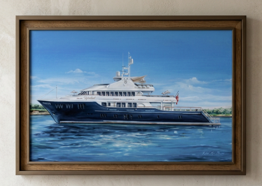Painting of a yacht cruising on water under a blue sky with scattered clouds, framed in wood.