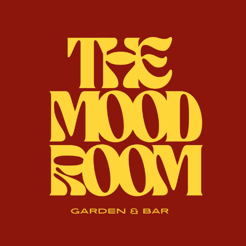 Logo for The Mood Room Garden & Bar with stylized yellow text on a red background.
