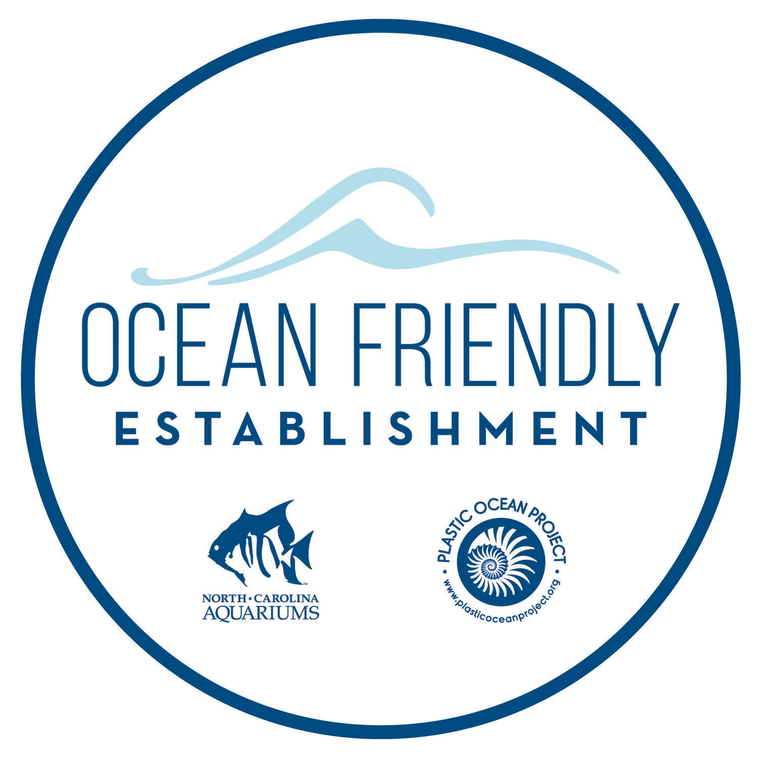 Logo of "Ocean Friendly Establishment" featuring wave graphics, North Carolina Aquariums logo with a fish silhouette, and Plastic Ocean Project emblem