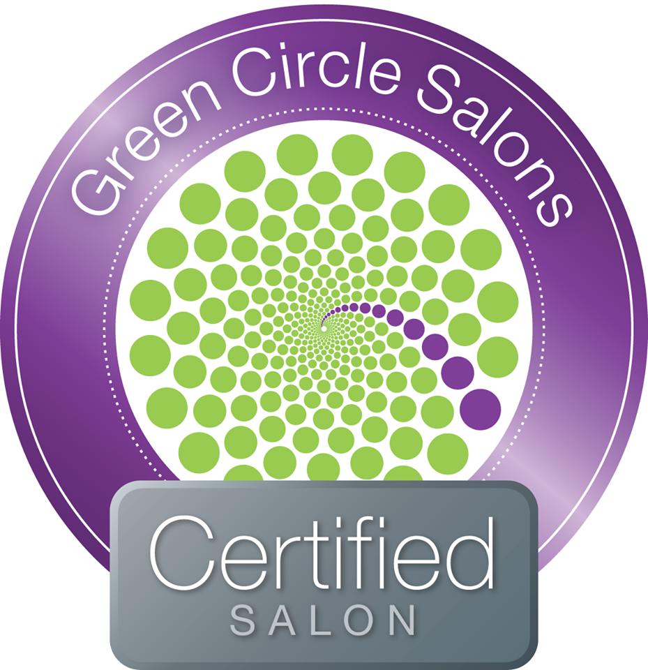 Green Circle Salons certified logo with purple and green dot pattern.
