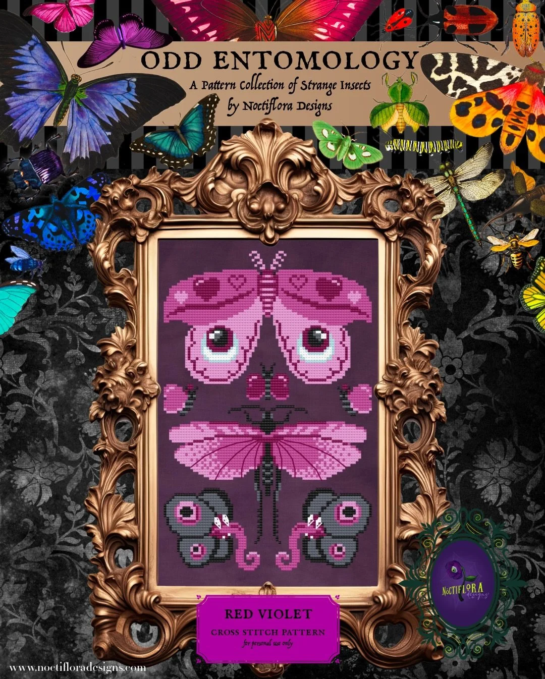 February&rsquo;s Odd Entomology Pattern, Red Violet, is here just in time for Valloween 💕💜

Model stitched by @blackdahliafabrics on her own hand-dyed Aida in colorway Taniwha 

#noctifloradesigns #crossstitch #moderncrossstitch #gothcrossstitch #s
