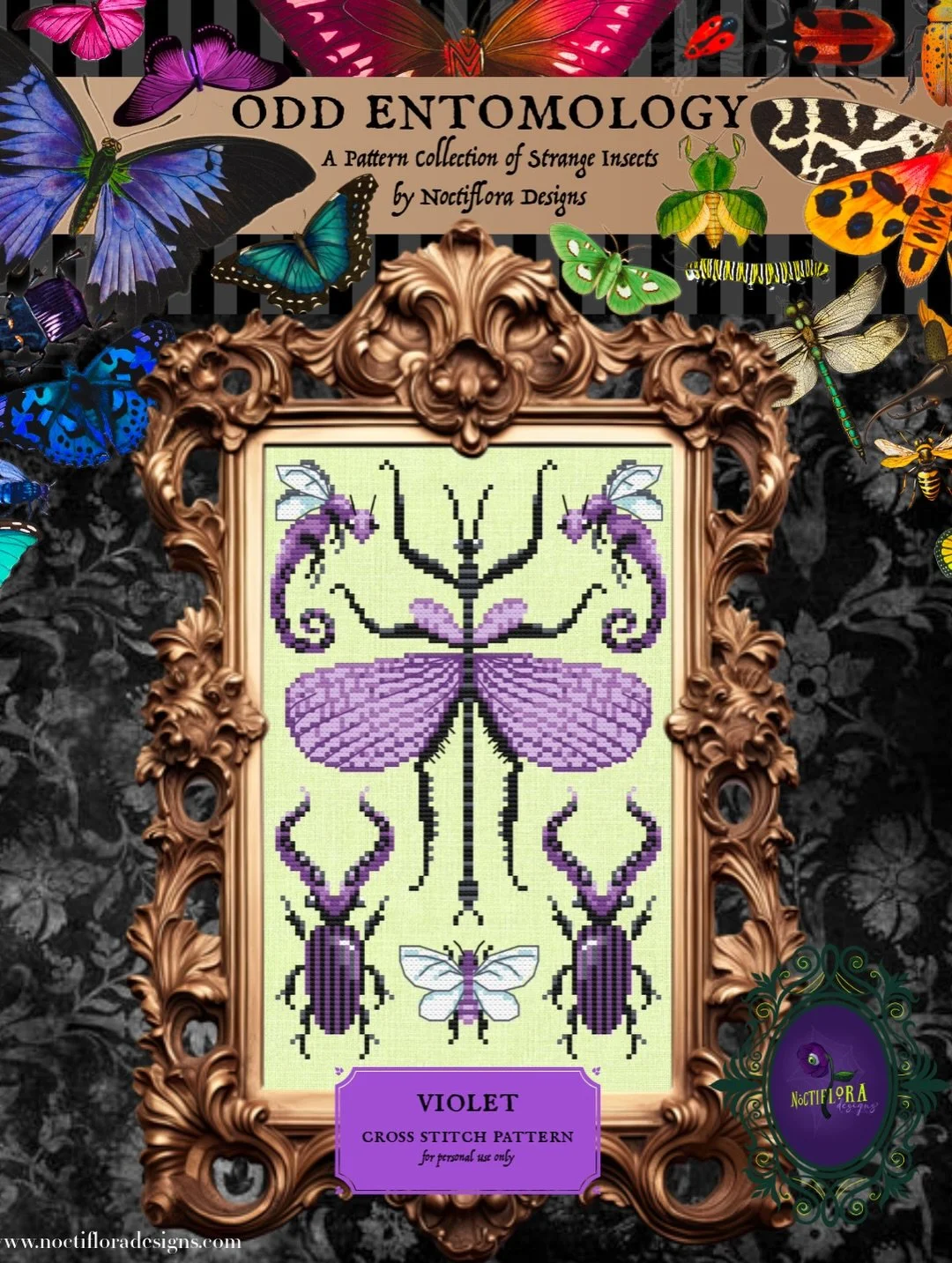 The latest installment of the Odd Entomology Collection, inspired by the secondary color violet and the violet-winged stick insect 💜 Available now on my Patreon! 

Model stitched by @blackdahliafabrics on her hand dyed &ldquo;Dobhar ch&uacute;&ldquo