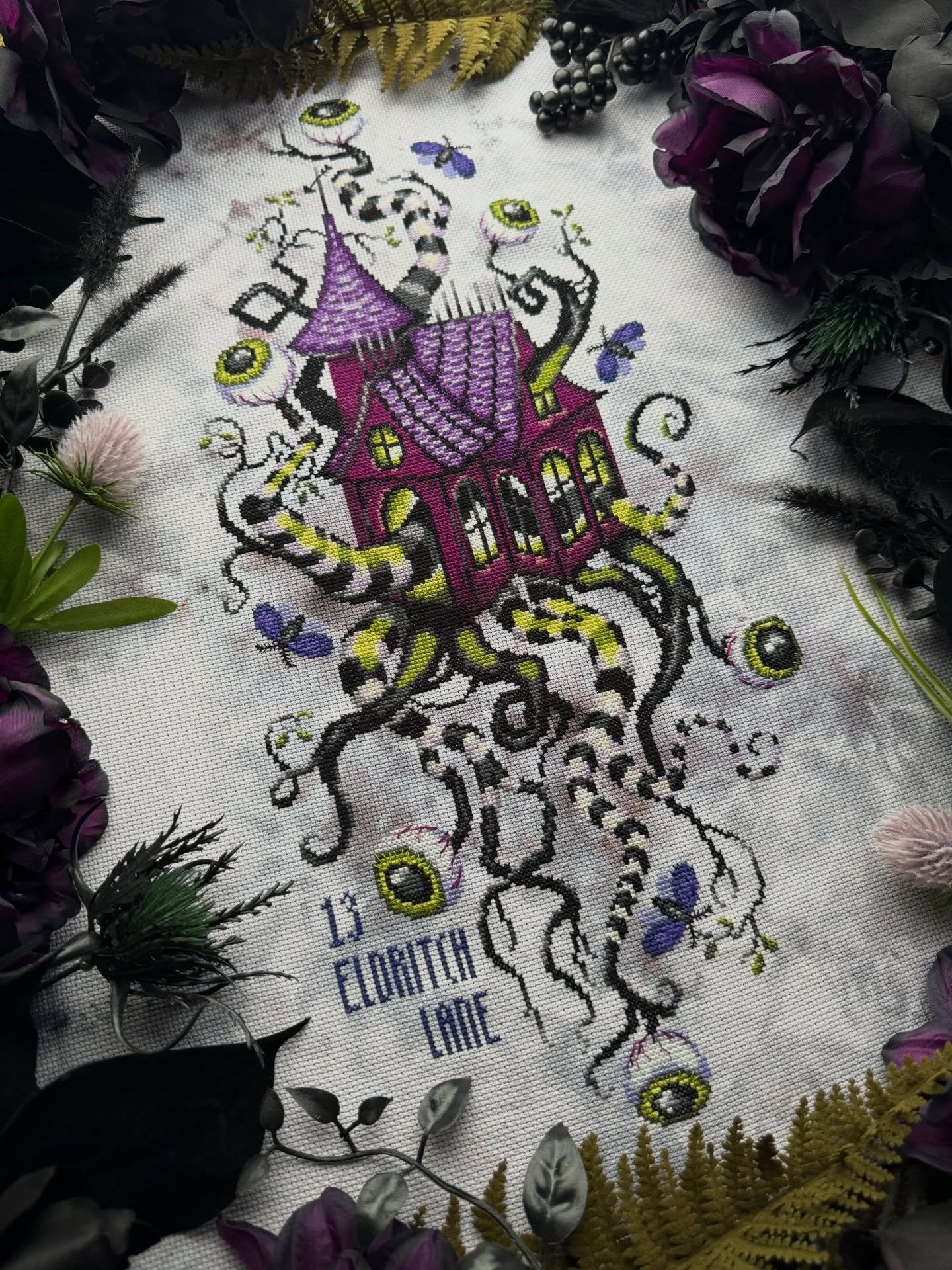 I&rsquo;ve been thinking about designing a companion piece or pieces for 13 Eldritch Lane &mdash; what would you like to see? A house overrun by fanged flora, perhaps? 

This pattern was originally created for @theblackneedlesociety 2024 Trick Box, i