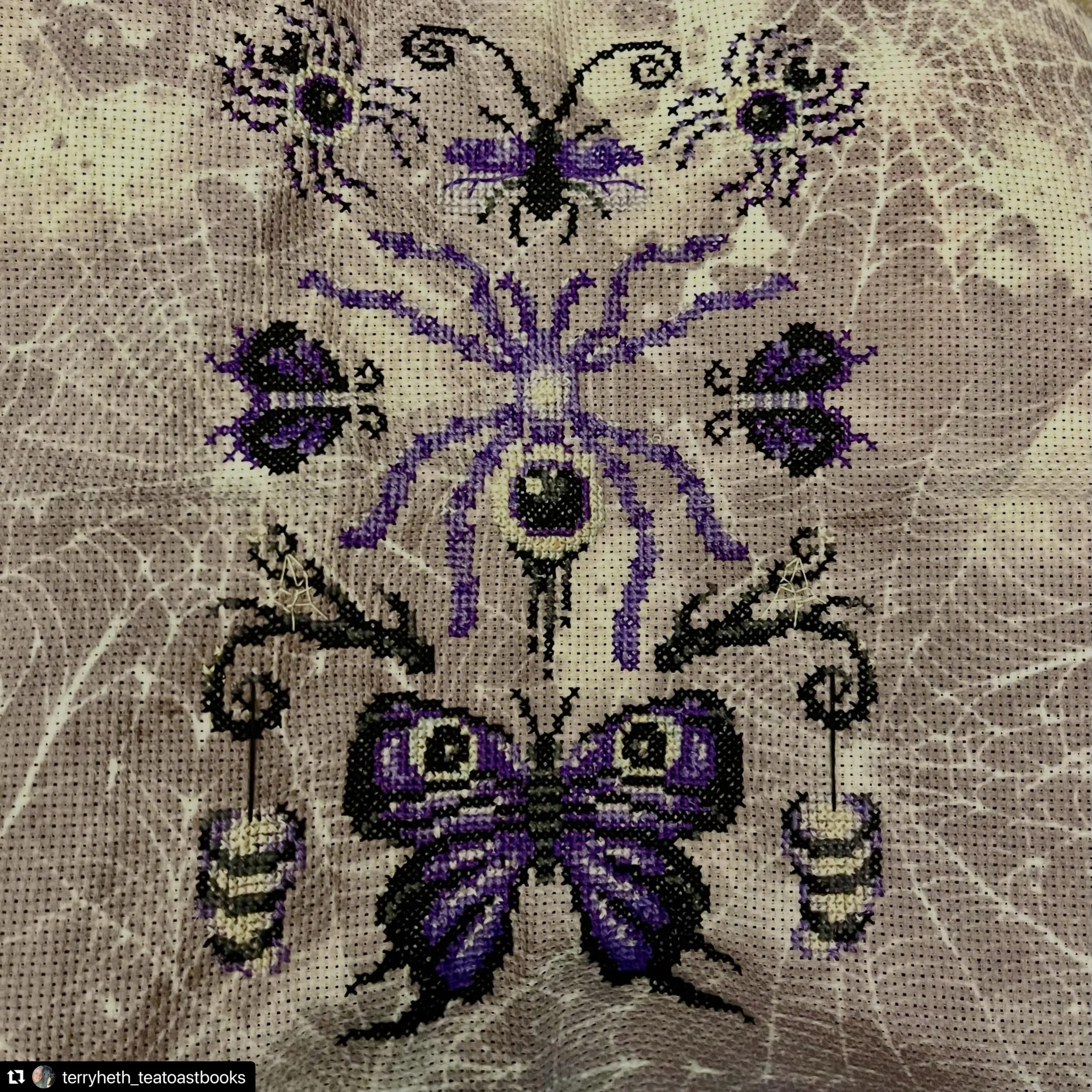 This spiderweb fabric is the perfect match for the Blue Violet installment of Odd Entomology! Thank you for sharing your beautiful finish terryheth_teatoastbooks 🖤

#crossstitch #xstitch #gothcrossstitch #spookystitching #creepycrossstitch 
・・・
@noc
