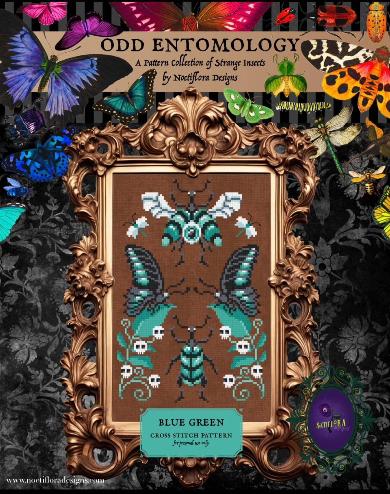June&rsquo;s Odd Entomology pattern is inspired by the tertiary color Blue Green and two interesting insects: Sch&ouml;nherr&rsquo;s Blue Weevil (Eupholus schoenherri) and the Common Bluebottle Butterfly (Graphium sarpedon). This pattern is available