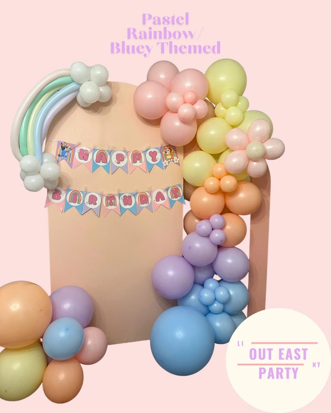 Four Real Life! 🌸🎉✨4️⃣🎈🌈 Our client wanted a pastel rainbow themed party with hints of Bluey &amp; Bingo 🐶 

#longislandparties #longislandpartyrentals #longislandballoons #balloongarland #suffolkcounty