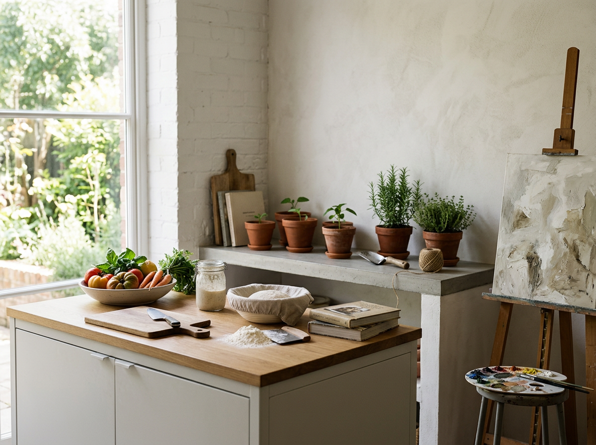 the photo is of a kitchen space with bread rising, veggies fresh picked from the garden and there is also an art painting activity on the side in front of some seedlings and herbs ready for planting in the garden.