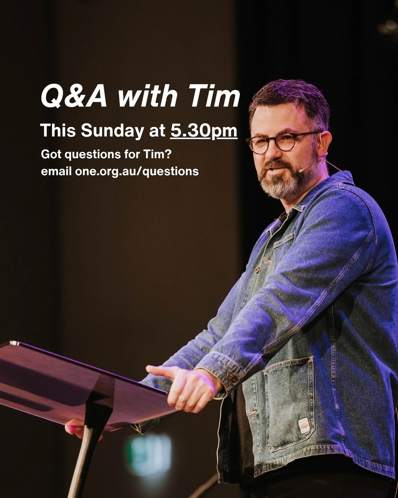 Join us this Sunday for night for a Q&amp;A with Tim to round out the series Questioning Christianity! 

If you have questions that you&rsquo;d like Tim to answer feel free to send them to one.org.au/questions

See you there! 🙏🏻