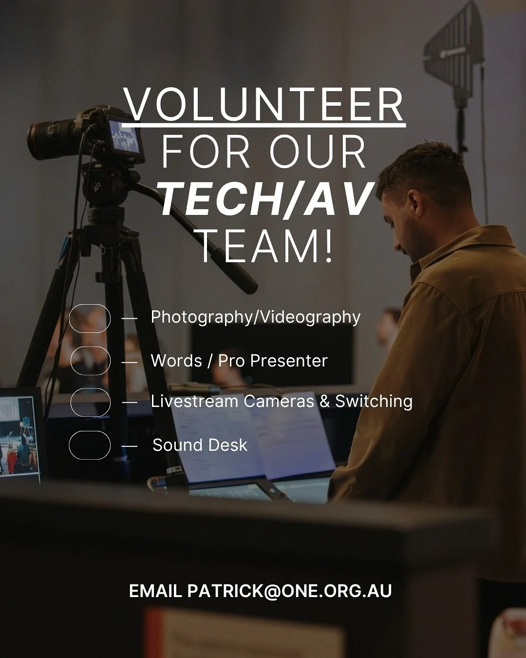 We are looking for some fantastic new volunteers in the area of tech/av! 🎉

If this is an area where you think you might be able to serve we would love to hear from you! There is no experience needed and all training will be done on site! Email patr
