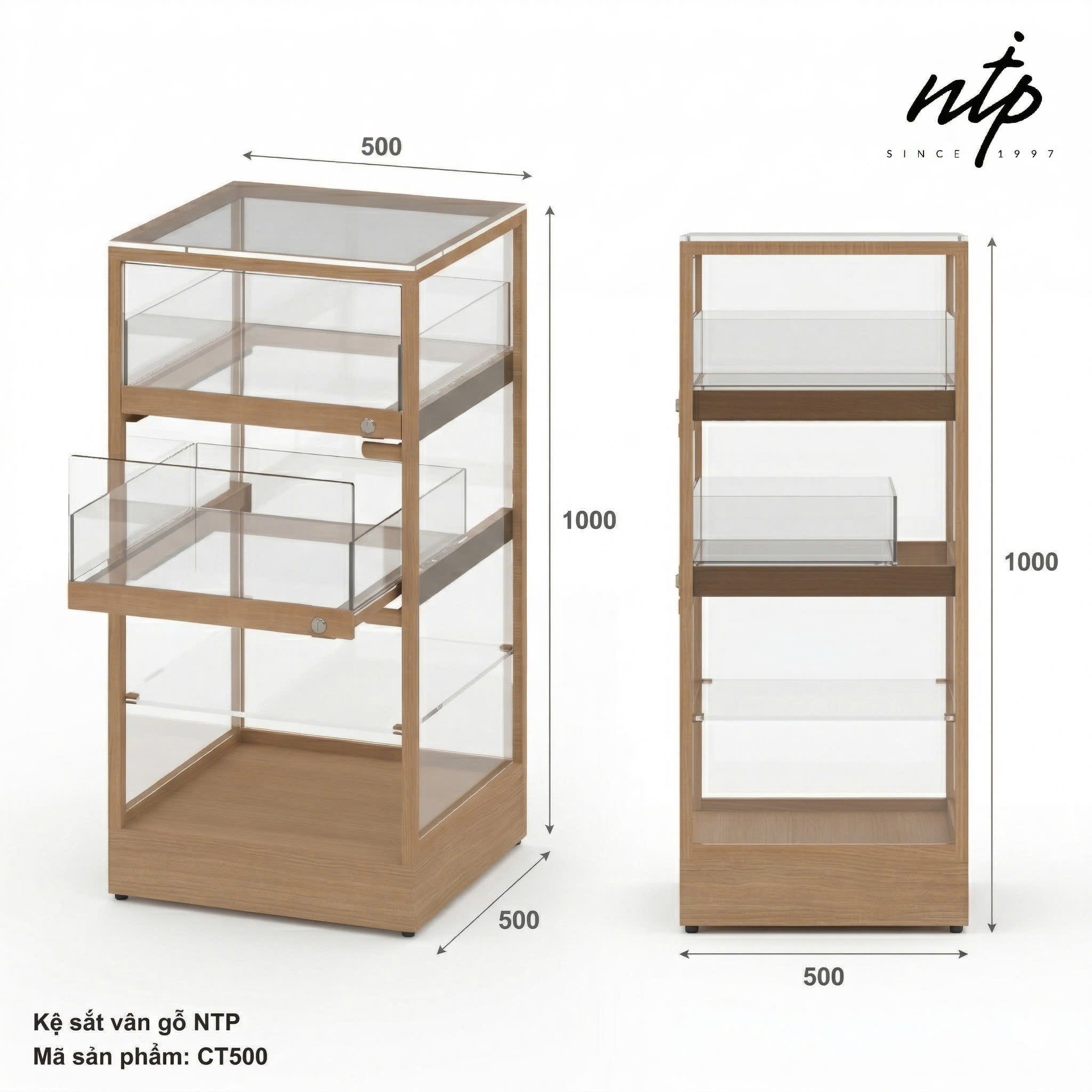 TỦ TRƯNG BÀY VUÔNG 4 MẶT KÍNH CT500 - SẮT VÂN GỖ