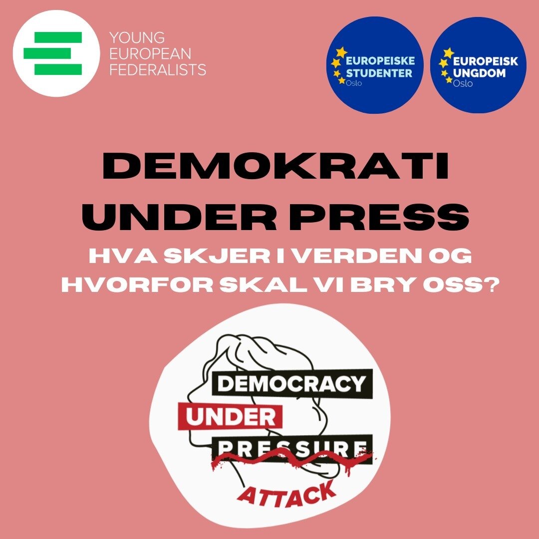 Neste uke har v&aring;r paraplyorganisasjon JEF en kampanje som heter &laquo;Democracy under pressure&raquo;. ❗️
I dag er demokratiet under angrep. Det er viktigere enn noen gang f&oslash;r &aring; st&aring; opp for fred, demokrati og menneskerettigh