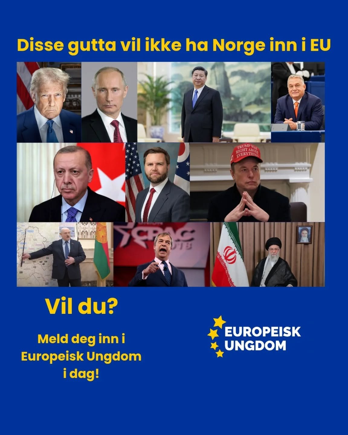 Vi vil ikke la disse bestemme Europas fremtid! Bli medlem i Europeisk Ungdom n&aring; 🇳🇴🇪🇺
https://www.europeiskungdom.no/bli-medlem

#eu #e&oslash;s #eea #europa #europe #jatileu #europeanunion
#direktiv #forordning #rettsakt