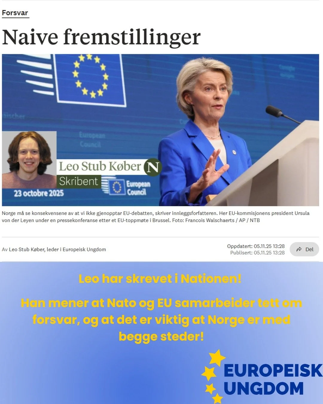 Leo har skrevet en kronikk i Nationen om europeisk forsvarspolitikk, og grunnen til at fortsatt norsk utenforskap er dumt. Hele innlegget kan leses her:

https://www.nationen.no/a-fortsatt-sta-utenfor-eu-vil-bety-mindre-makt-til-norge-i-var-egen-fors