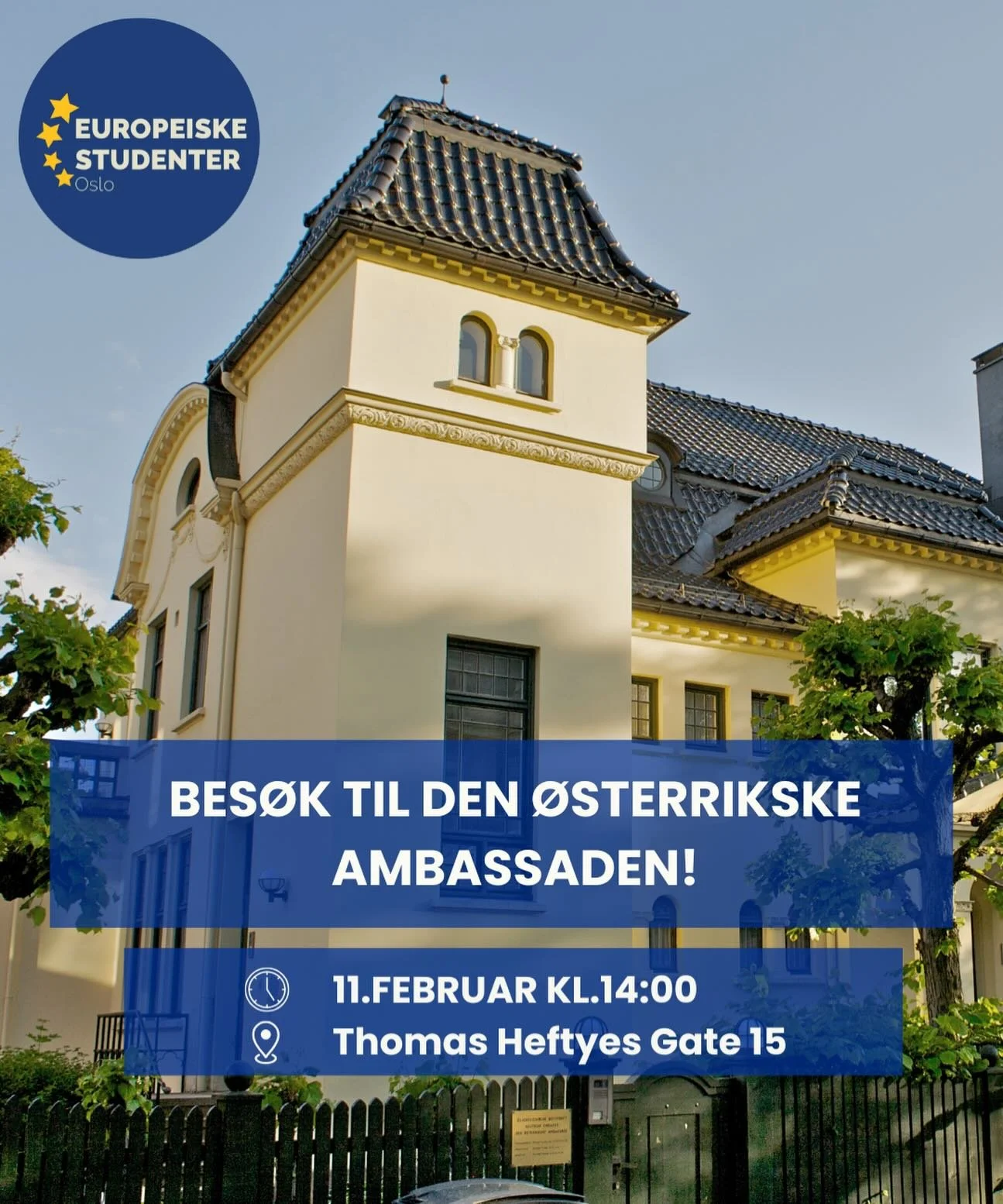 Vi bes&oslash;ker den &oslash;sterrikske ambassaden onsdag 11.februar kl.14:00! 🇦🇹 
Vi f&aring;r en omvisning p&aring; ambassaden, briefing om ambassadens arbeidsomr&aring;der og &oslash;sterrikes politiske landskap. Det blir lett servering☺️
Det e