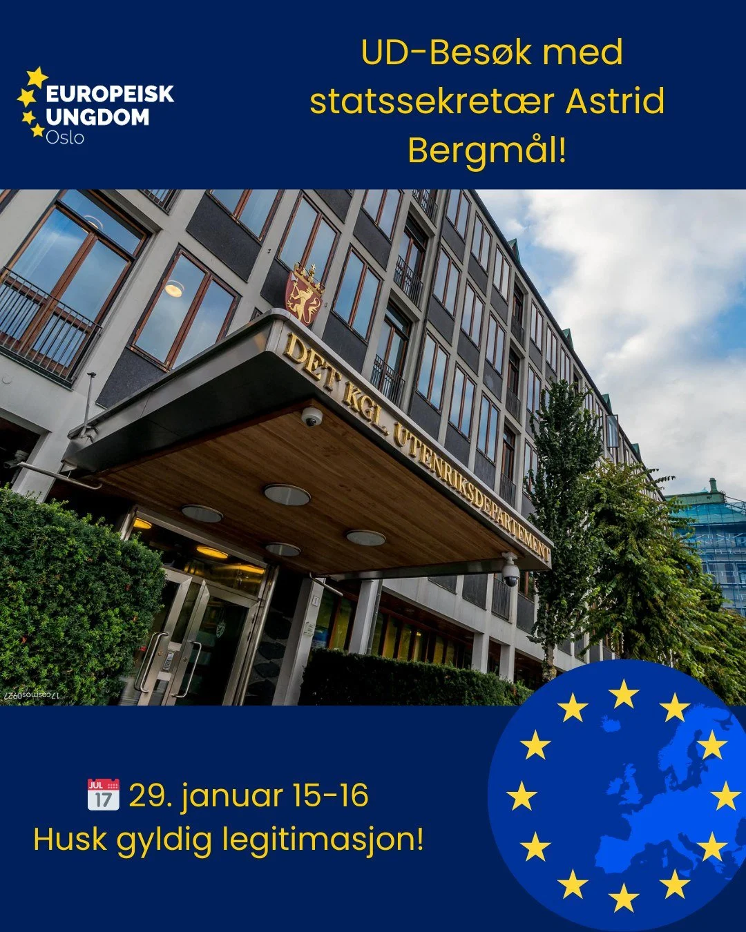 Innlandet Europeisk Ungdom har invitert til bes&oslash;k hos Utenriksdepartementet og vi er s&aring; heldige &aring; f&aring; v&aelig;re med! 
🗓️29. januar
⏰15.00&ndash;16.00 
Det er 30 plasser, og f&oslash;rstemann til m&oslash;lla-prinsippet gjeld