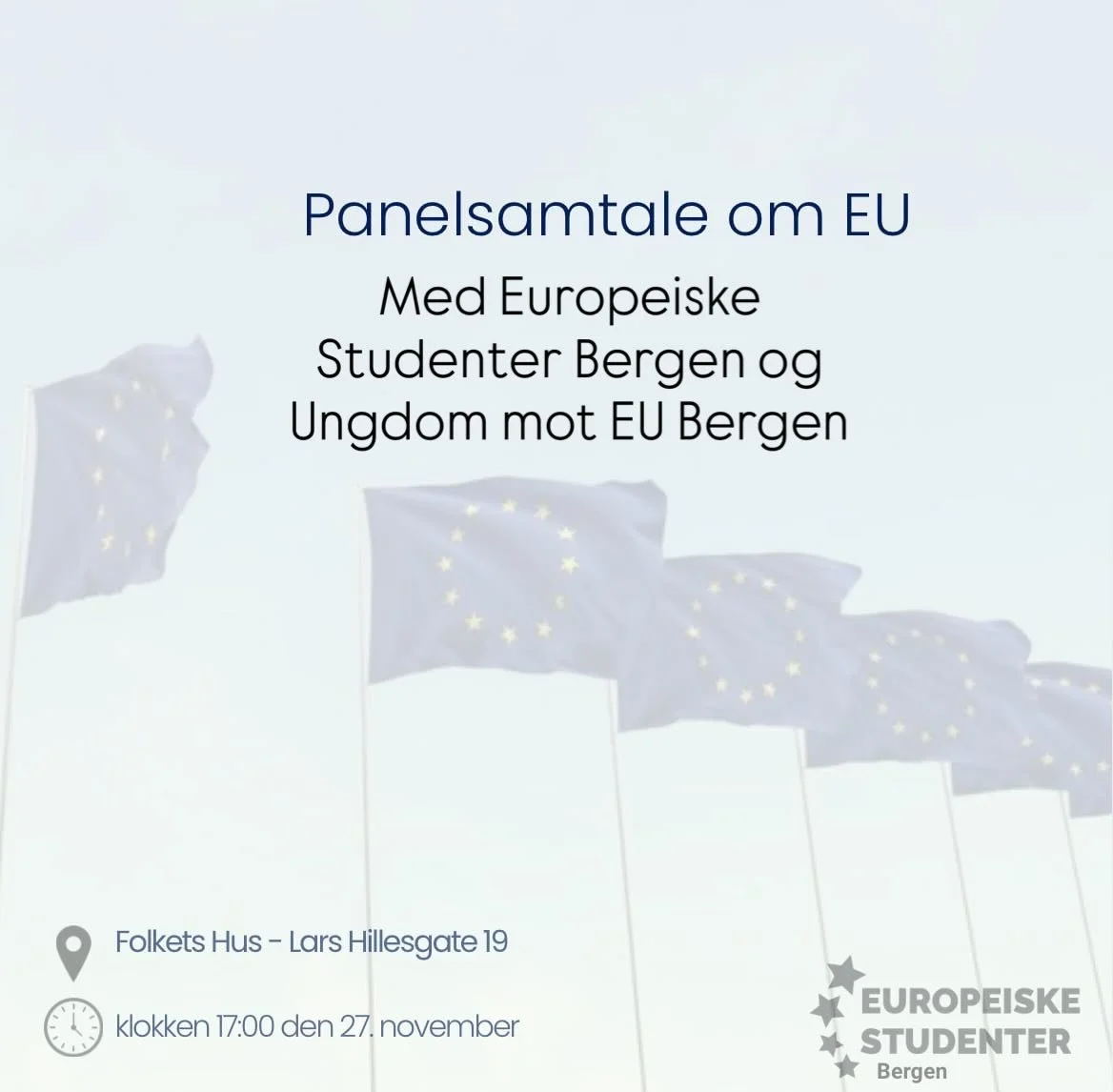 AUF Bergen arrangerer panelsamtale om EU n&aring; f&oslash;rstkommende tirsdag, sammen med oss Europeiske Studenter Bergen og Ungdom mot EU Bergen. H&aring;per p&aring; &aring; se dere der! Hvor: Folkets Hus - Lars Hillesgate 19. N&aring;r: Tirsdag 2
