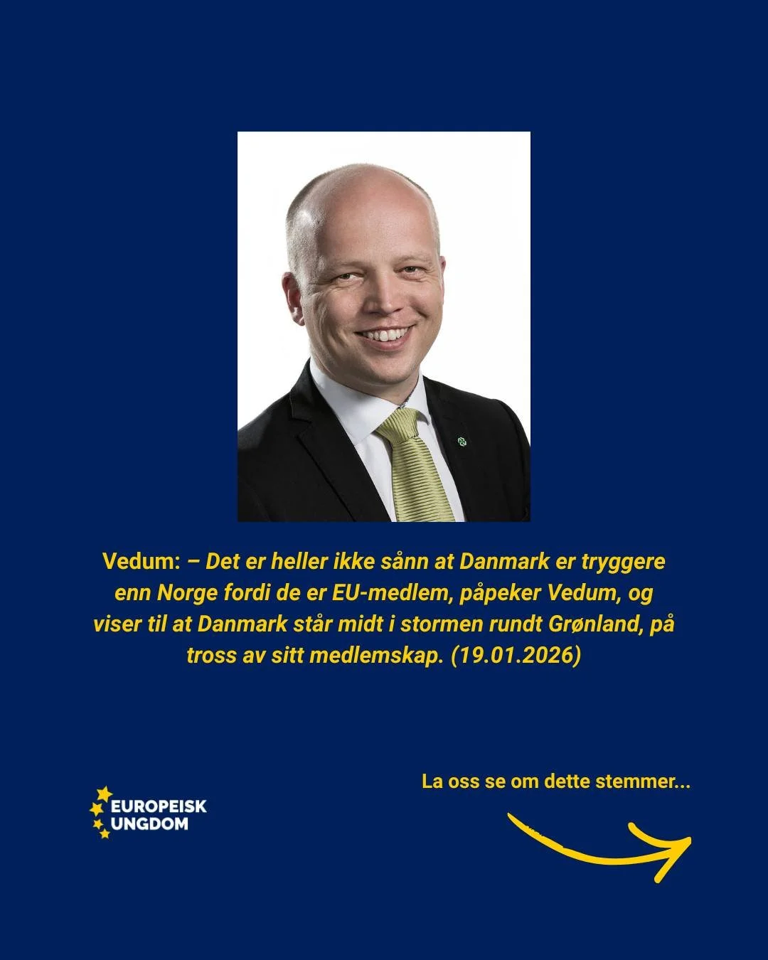 Fun fact: siste gang Senterpartiet (Bondepartiet) hadde utenriksministeren tapte Norge i den internasjonale domstolen i Haag. 
https://snl.no/Gr%C3%B8nlandssaken

Er du enig med oss? Meld deg inn i dag!

https://www.europeiskungdom.no/bli-medlem