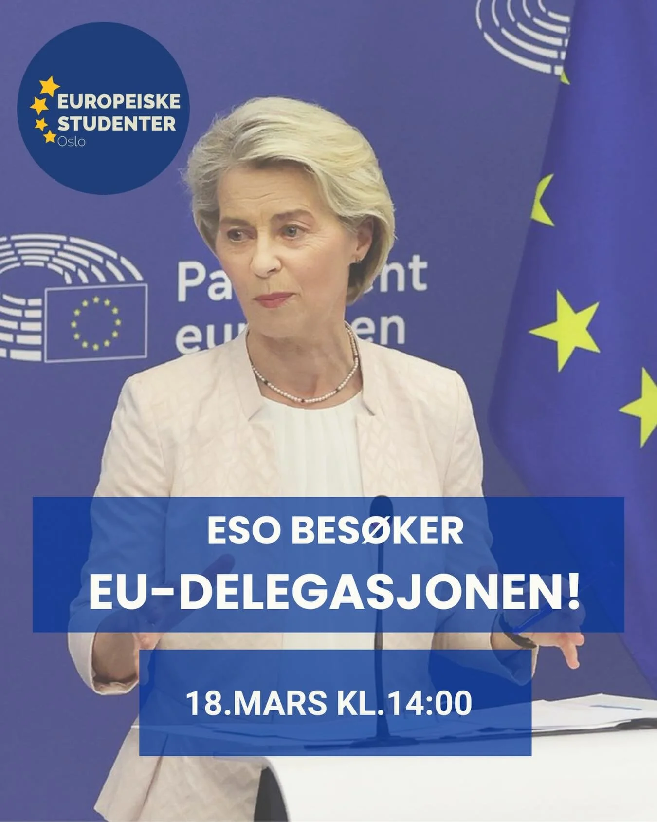 Onsdag 18. mars kl. 14:00 skal ESO bes&oslash;ke EU-delegasjonen! 🇪🇺🇪🇺 Dette blit l&aelig;rerikt, og er interessant for b&aring;de deg som kan mye om EU, og deg som kan lite! 

ESO har flere ganger tidligere bes&oslash;kt delegasjonen, og det har