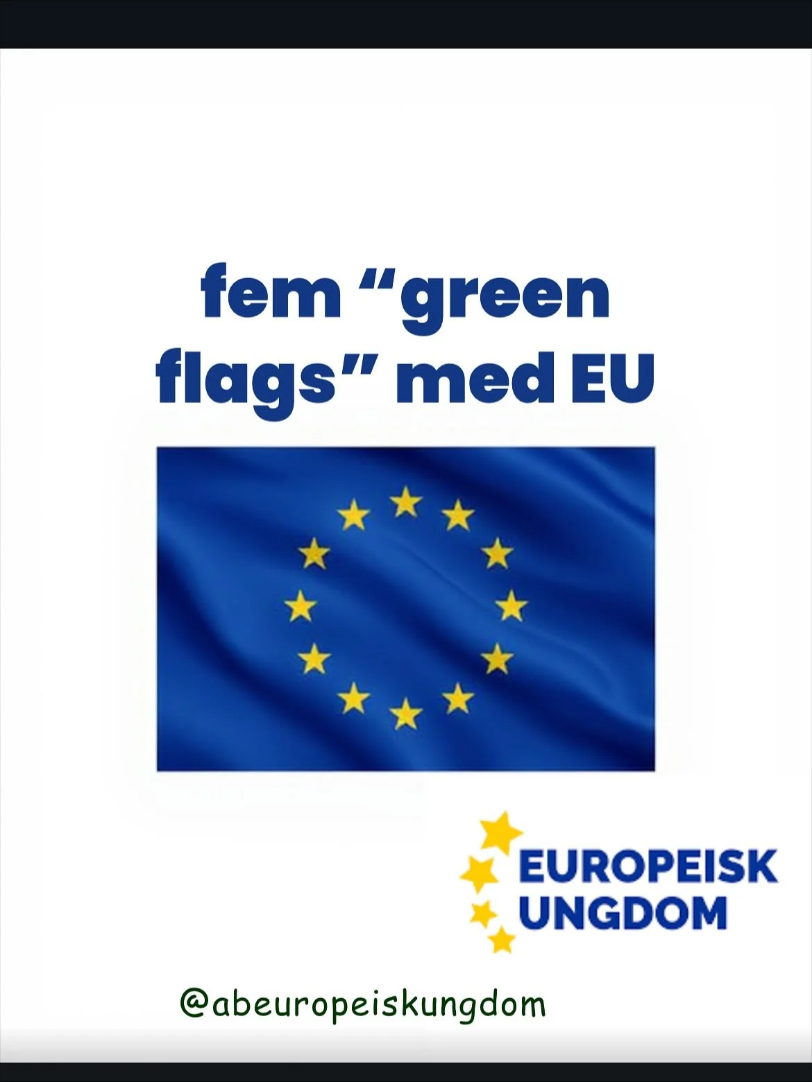 Her er fem &laquo;green flags&raquo; med EU. Alts&aring; fem gode ting den Europeisk Union gj&oslash;r!  Norge kunne tatt en st&oslash;rre del i samarbeidet om solidaritet, b&aelig;rekraft og demokrati hvis vi var medlemmer av EU🇪🇺💙. #europeiskung