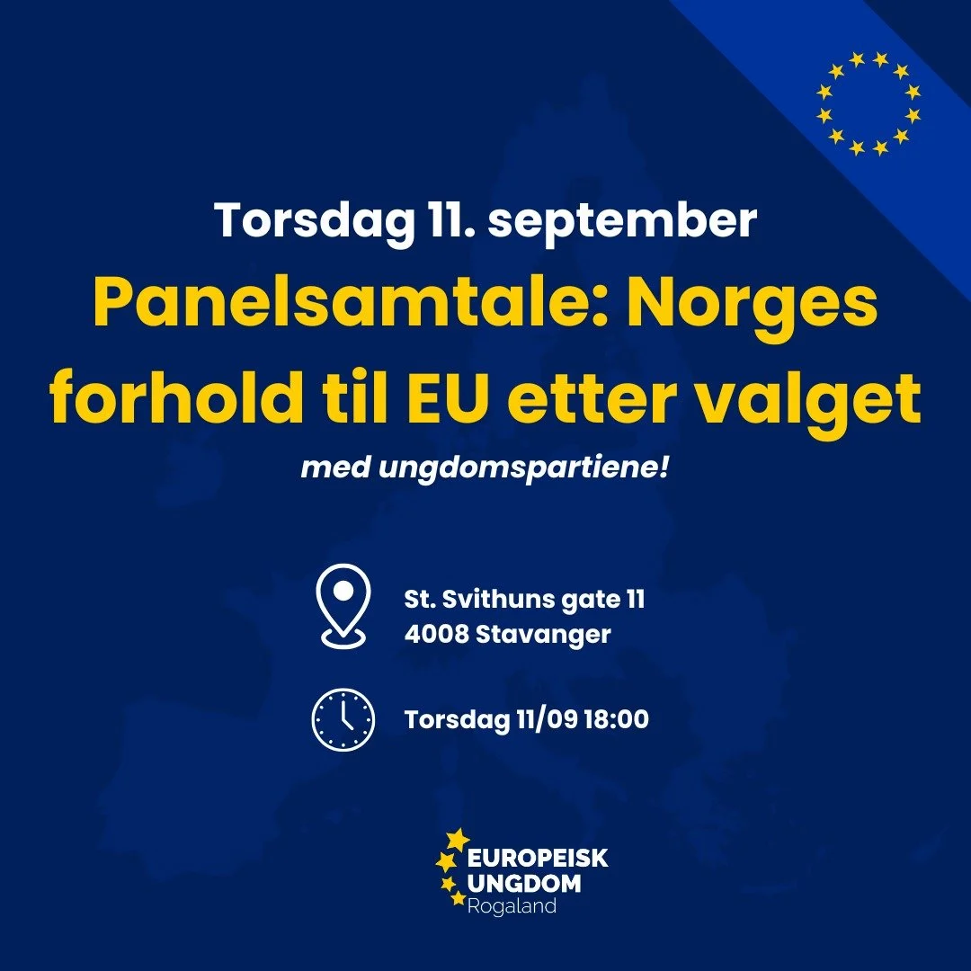 Hva betyr g&aring;rsdagens valg for Norges forhold til EU? Vi inviterer til panelsamtale sammen med ungdomspartiene i Rogaland. 

Gunnar Olsen-Hagen, leder i Rogaland Europeisk Ungdom, er ordstyrer.

📣 Arrangementet er &aring;pent for alle &ndash; v
