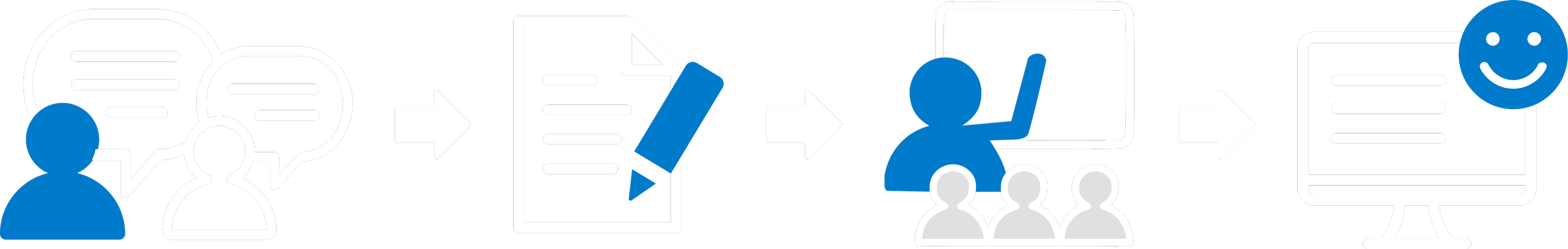 Illustration af en læringsproces: Dialog mellem personer, skrivning af en plan, undervisning i klasseværelse, afsluttende med en tilfreds emoji foran en computer.