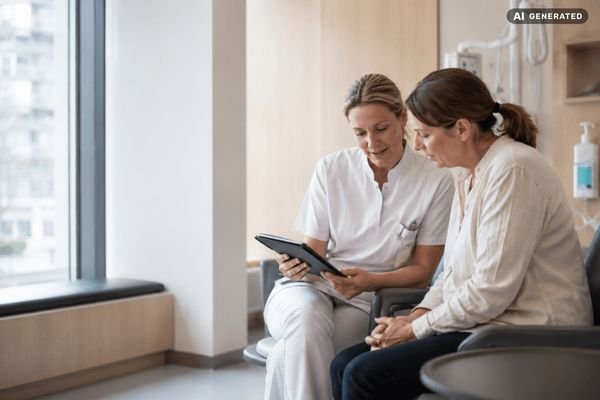 To kvinder i hospitalstøj sidder og taler med en tablet i hænderne i et lyst venteværelse.