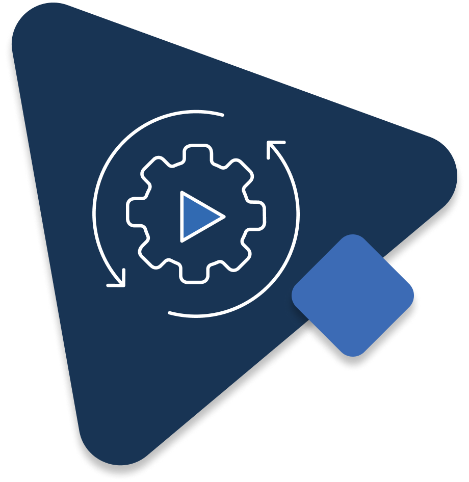 Billedet viser et ikon med en gear-rotation og en play-knap i midten, typisk symbol for automatisering eller genstart af en proces, på en blå baggrund.