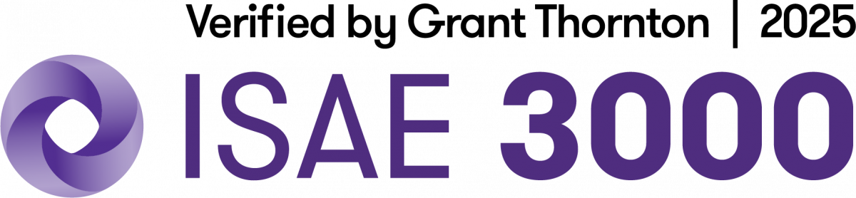 Logo med en purple spiral og teksten 'ISAE 3000'.