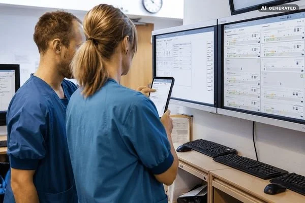 To læger i blå uniformer ser på en tablet, mens de står foran to monitorer med medicinske data i et hospital.