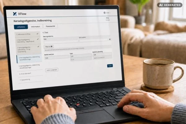 En person arbejder på en bærbar computer, der viser et skærmbillede af et digitalt formularprogram kaldet XFlow, på et bord med en kop kaffe i baggrunden.