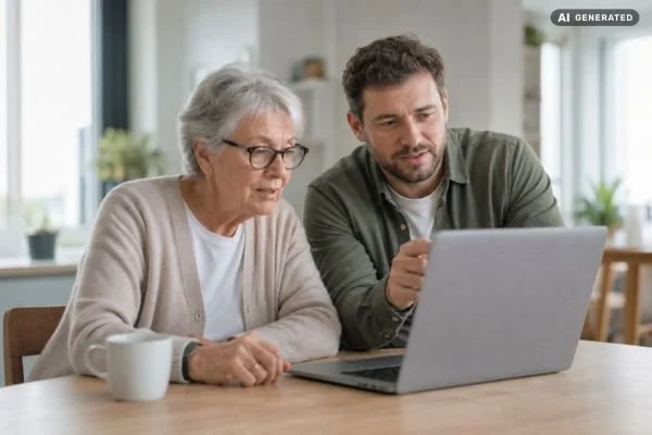 En ung mand og en ældre kvinde sidder sammen ved et bord og kigger på en bærbar computer i et lyst hjemmekontor.