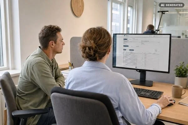 2 personer sidder ved en skærm og arbejder i XFlow