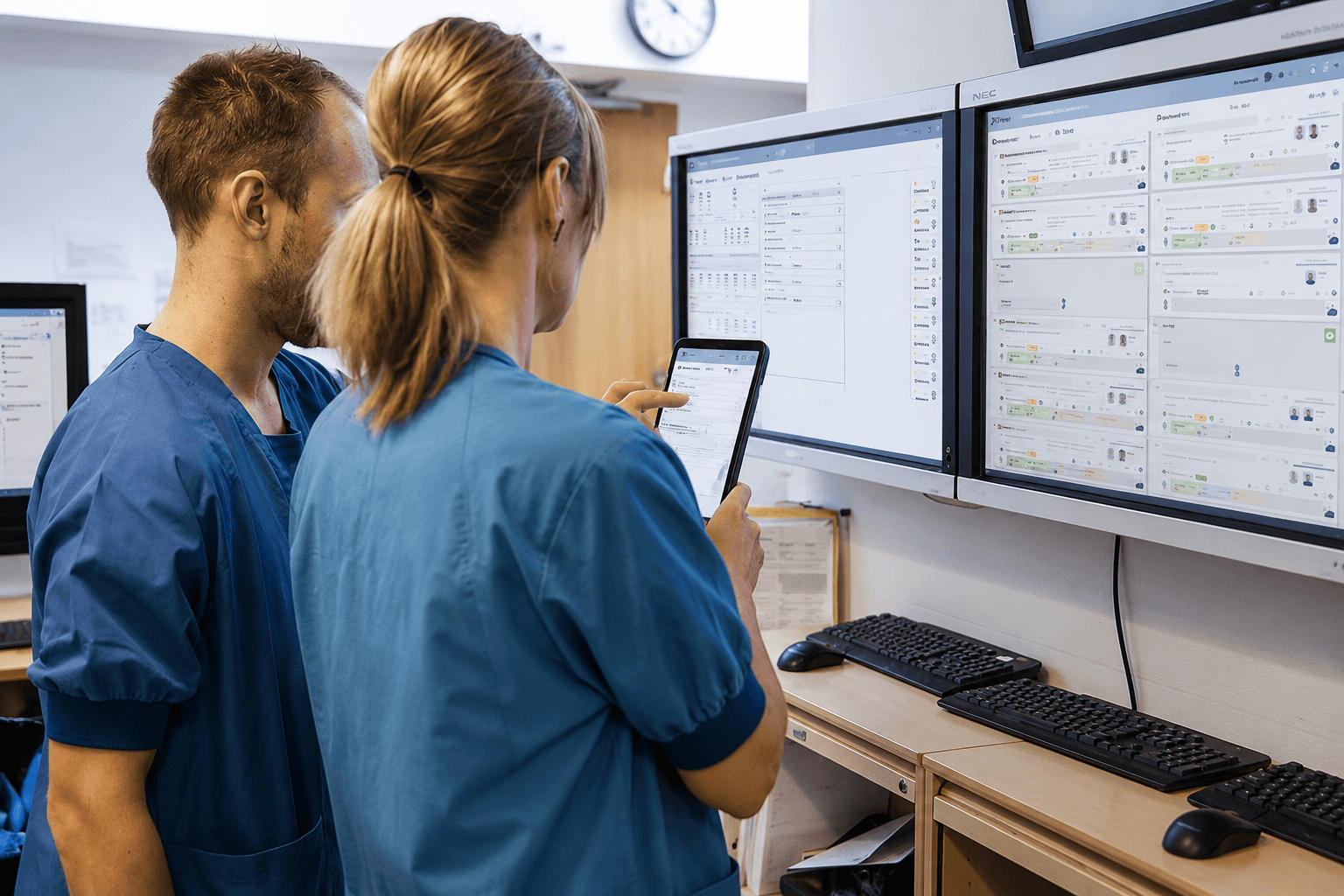 To personer i medicinske uniforms arbejder med digitale skærme og en smartphone på et kontor.
