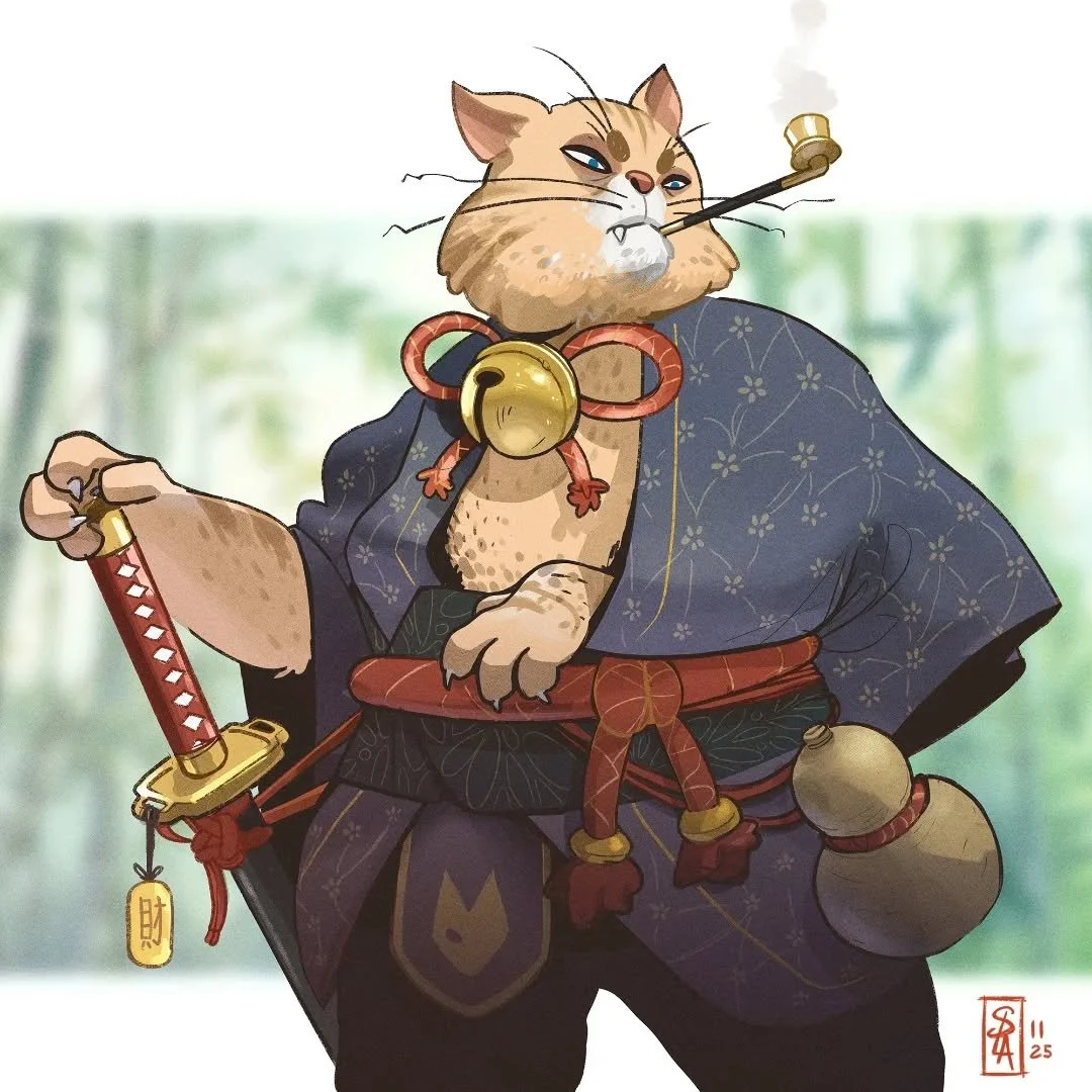 Un Ronin-Cat pour bosser la mise en couleur et surtout le Blending. Besoin de gagner un peu d'XP l&agrave; dessus... Vous en pensez quoi ? 🫣

A Ronin-Cat to work on coloring and especially blending. Need to gain some XP in that area... 
What do you 