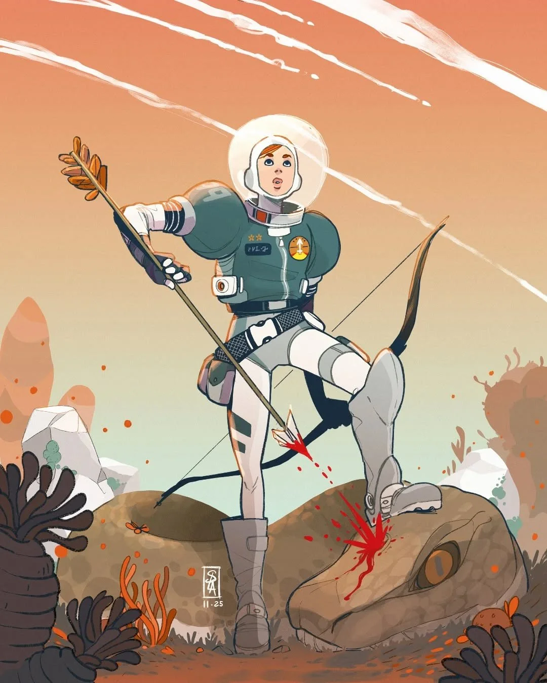 #CDChallenge - the theme of the month is #zodiac
@characterdesignchallenge

Eve is the sole survivor of the interstellar mission Sagitarius. Stranded on an unknown planet, she survives by hunting with a bow she crafted from local materials. Her favor