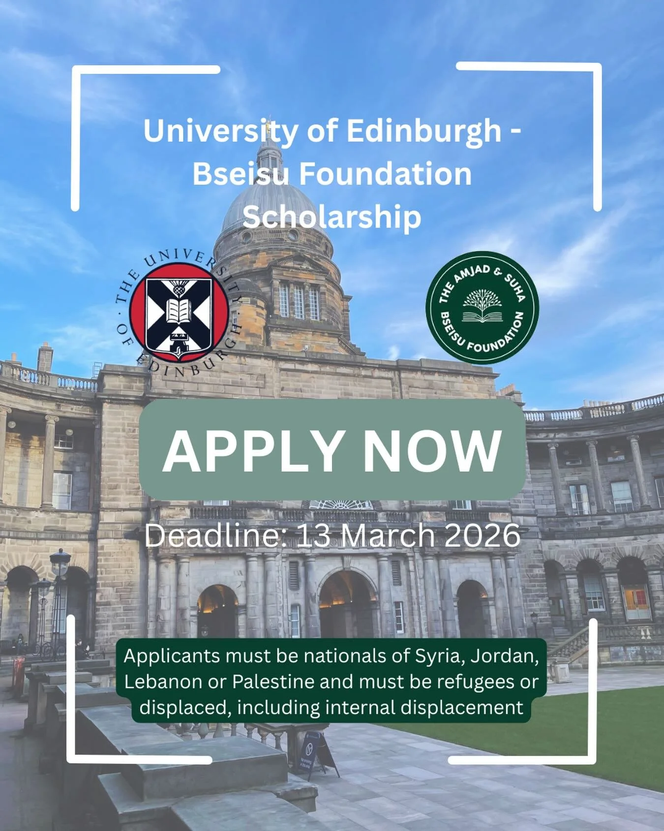 Applications for the Bseisu-University of Edinburgh Scholarship 2026/27 are now open! Applications close on 13 March 2026.

In partnership with the University of Edinburgh, we are offering two fully-funded postgraduate scholarships for students from 