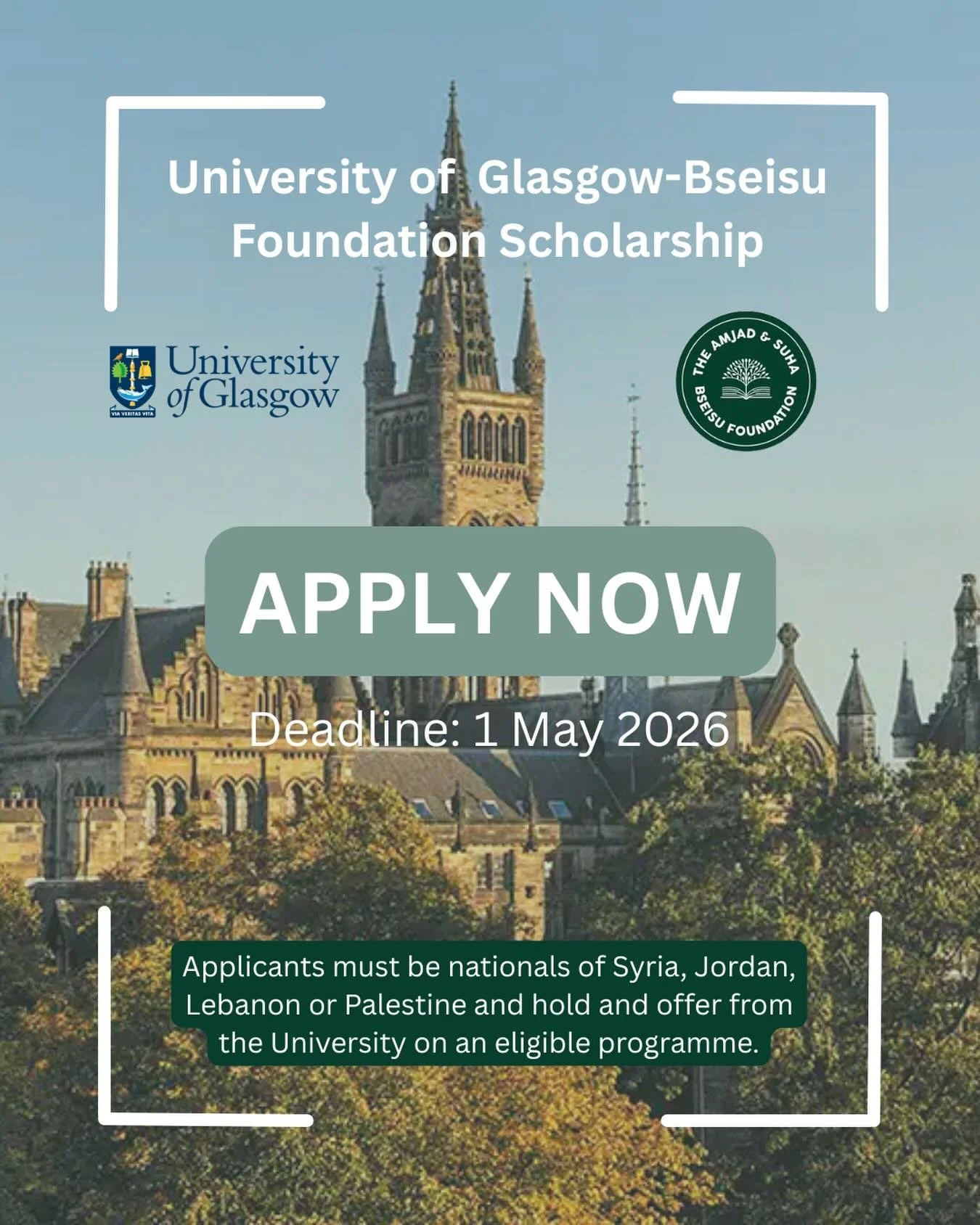 Applications for the University of Glasgow-Bseisu Foundation Scholarship are now open! Applications close on 1 May 2026.

We are offering 2 scholarships, both of which will cover full tuition fees, visa costs, immigration and health surcharge and fli