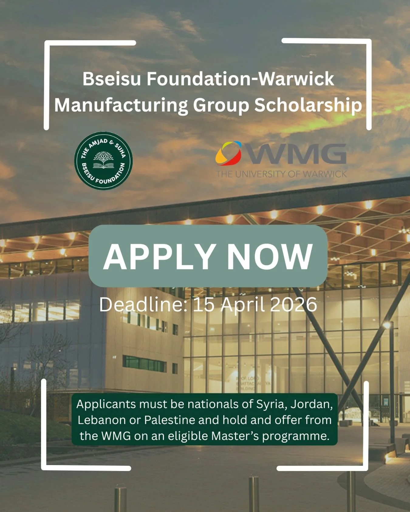 For September 2026 entry, we are delighted to be offering two Bseisu-WMG scholarships that will support students wishing to pursue a masters degree in WMG. Each scholarship covers:

- Tuition fees of an eligible WMG Master&rsquo;s course

- A stipend