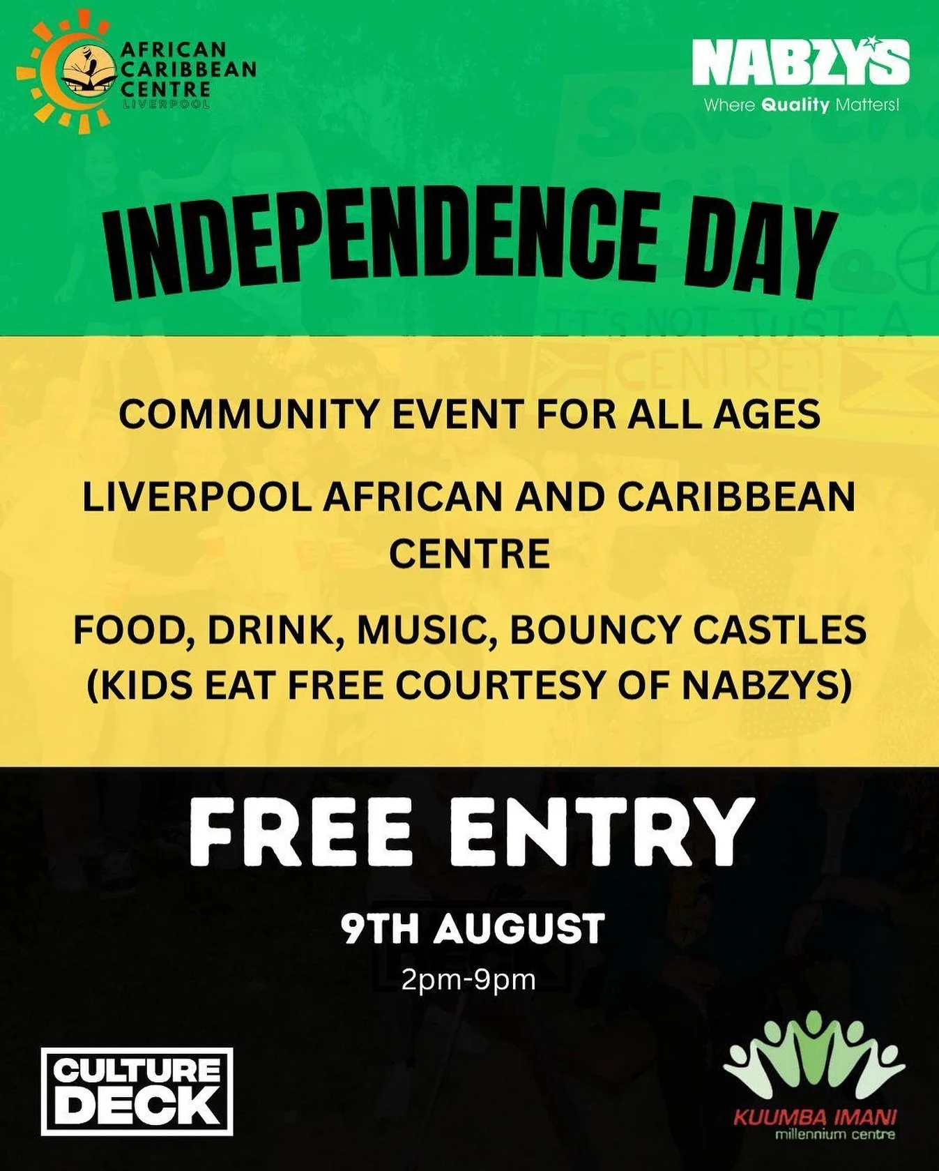 You’re invited! Join us this Saturday at the African Caribbean Centre as we come together to celebrate Jamaican Independence Day in style! 🥳
Expect an afternoon full of delicious food, refreshing drinks, great music, and family fun – in